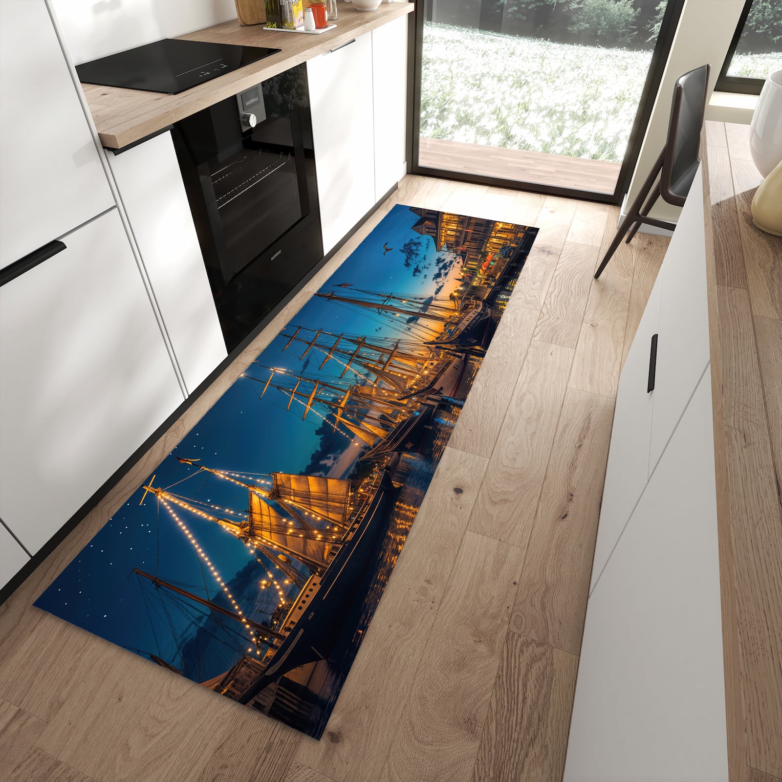 Waschbarer Küchenläufer mit Motiv Nachthafen in moderner Küche