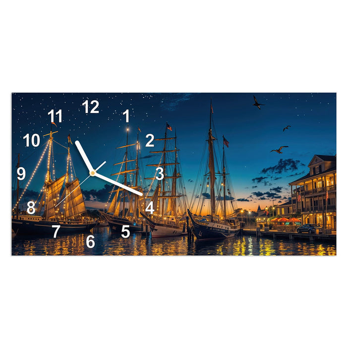 Wanduhr Nachthafen aus Glas – Querformat 60 × 30 cm mit Ziffernblatt Modern