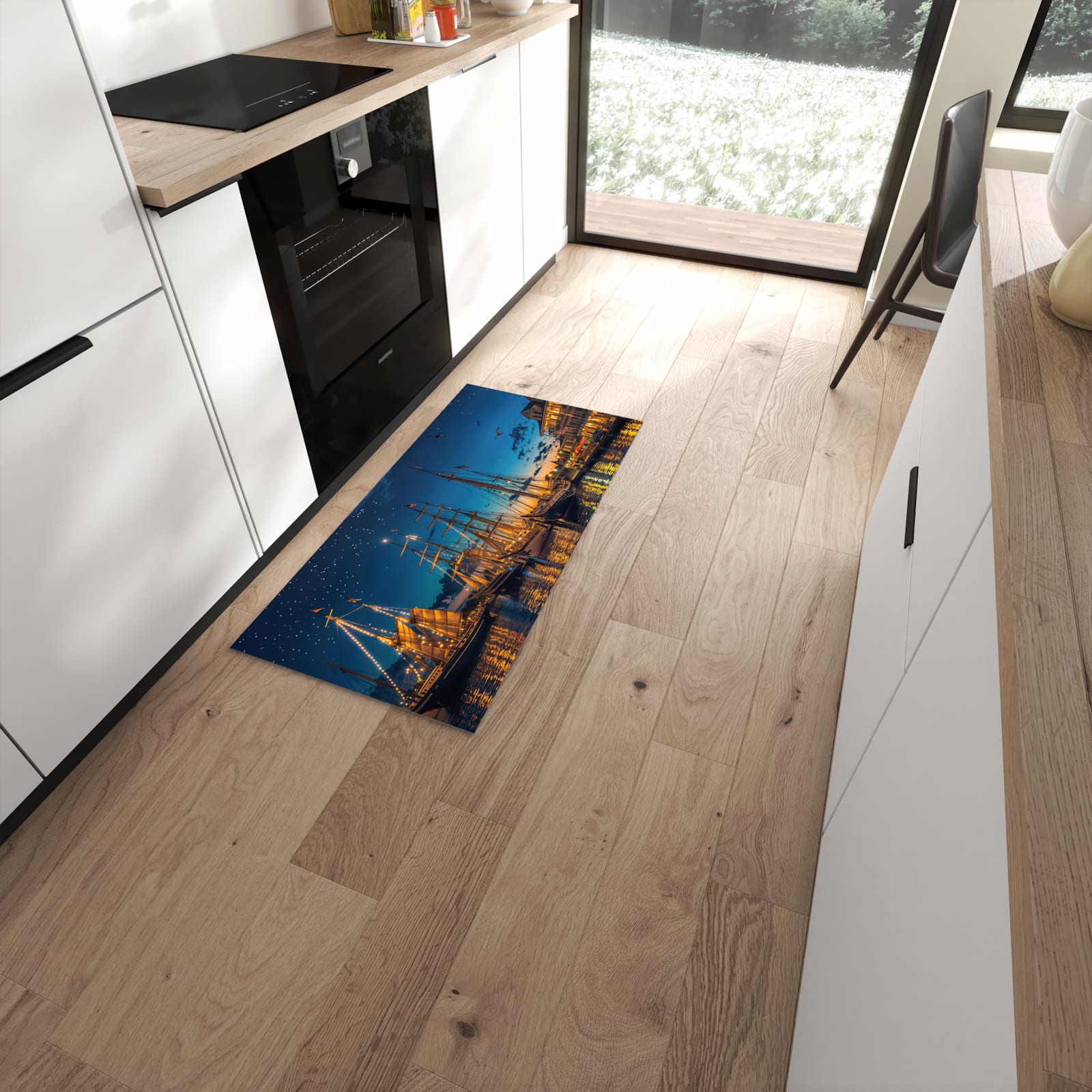 Flacher Küchenteppich mit Motiv Nachthafen in moderner Küche für rutschfesten Stand #grösse_60 x 120 cm