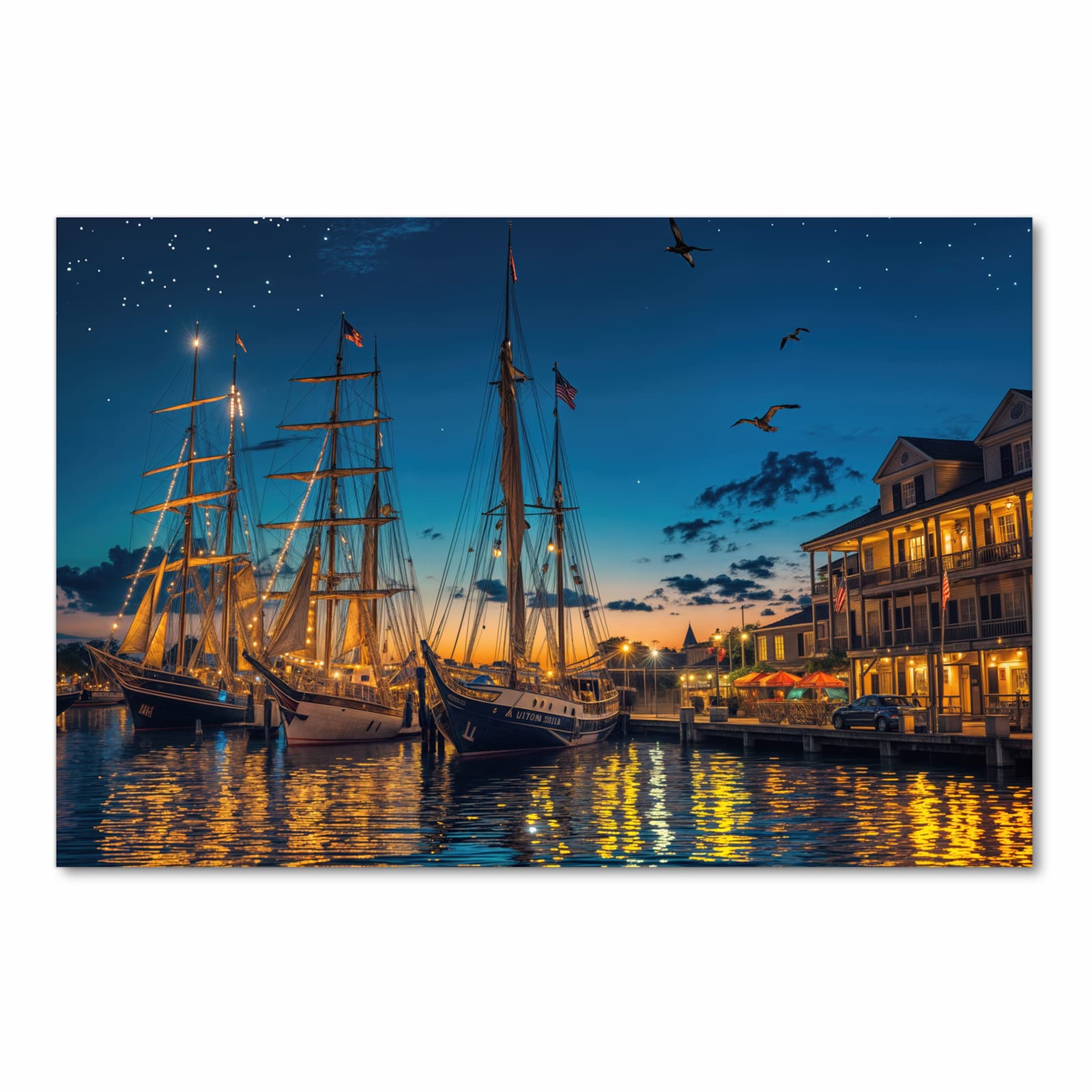 Flacher waschbarer Küchenteppich mit Motiv Nachthafen in Frontansicht