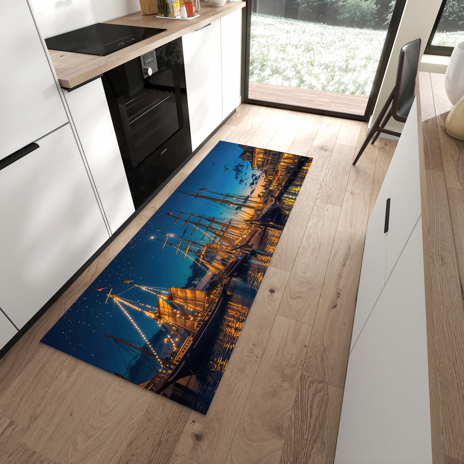 Strapazierfähiger Küchenläufer mit Motiv Nachthafen in moderner Küche
