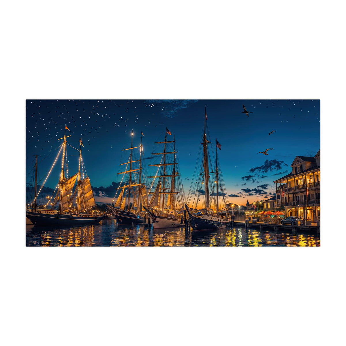 Küchenrückwand aus Glas Segelschiffe bei Nacht im Hochformat, Motiv bildfüllend von vorn