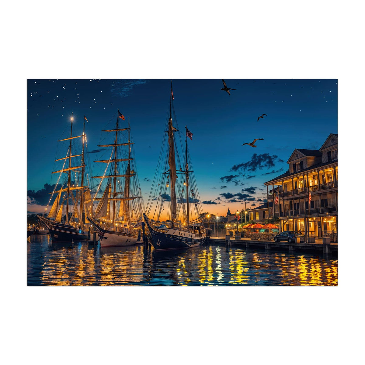 Küchenrückwand aus Glas Segelschiffe bei Nacht im Hochformat, Motiv bildfüllend von vorn