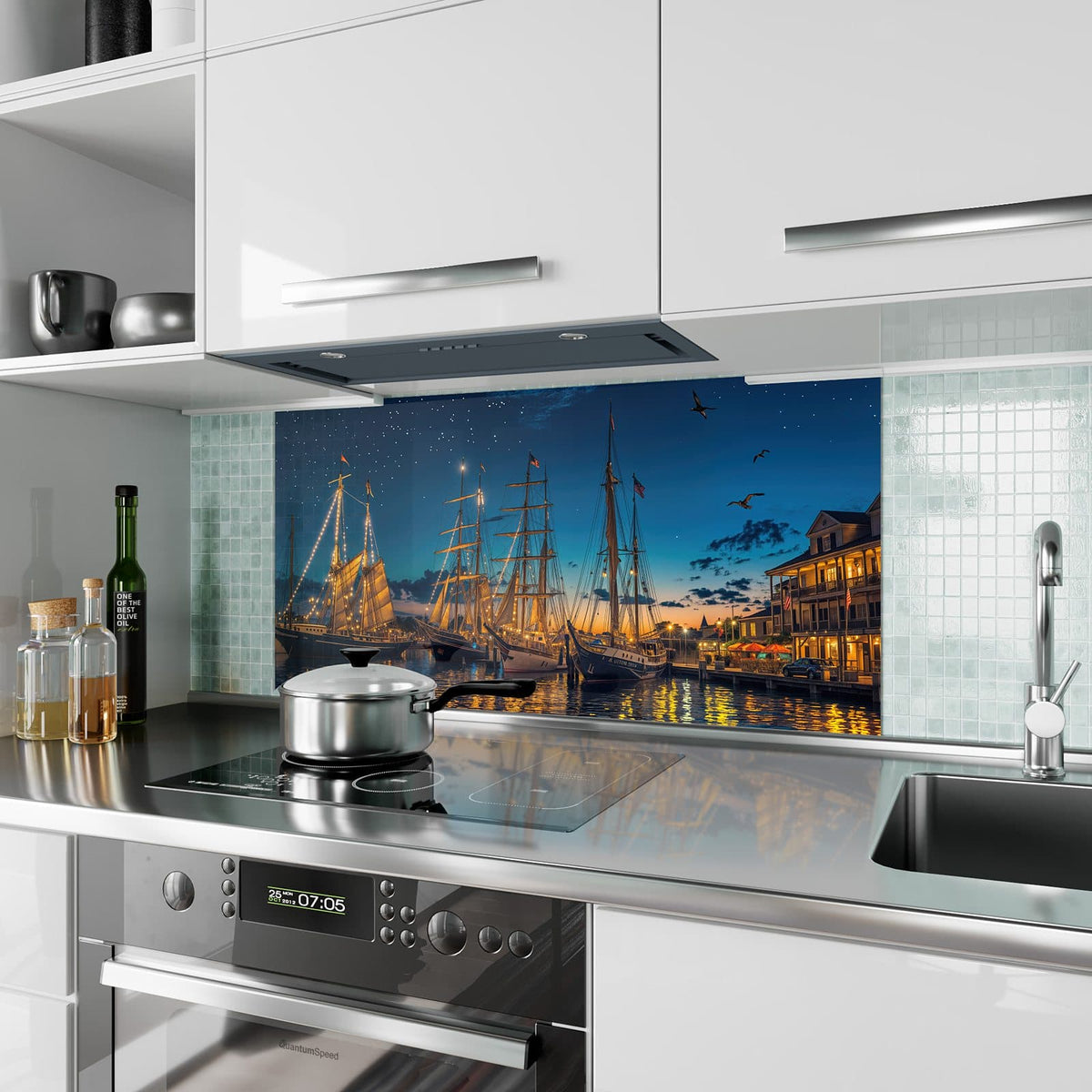 Küchenrückwand aus Glas Segelschiffe bei Nacht im Hochformat als Spritzschutz hinter dem Kochfeld, über dem Fliesenspiegel montiert