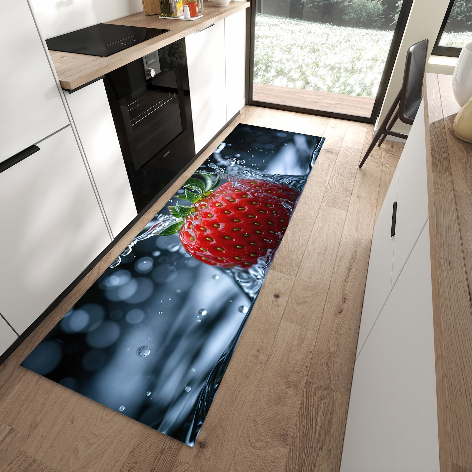 Wasserabweisender Bodenläufer mit Motiv Splash von Erdbeere in moderner Küche