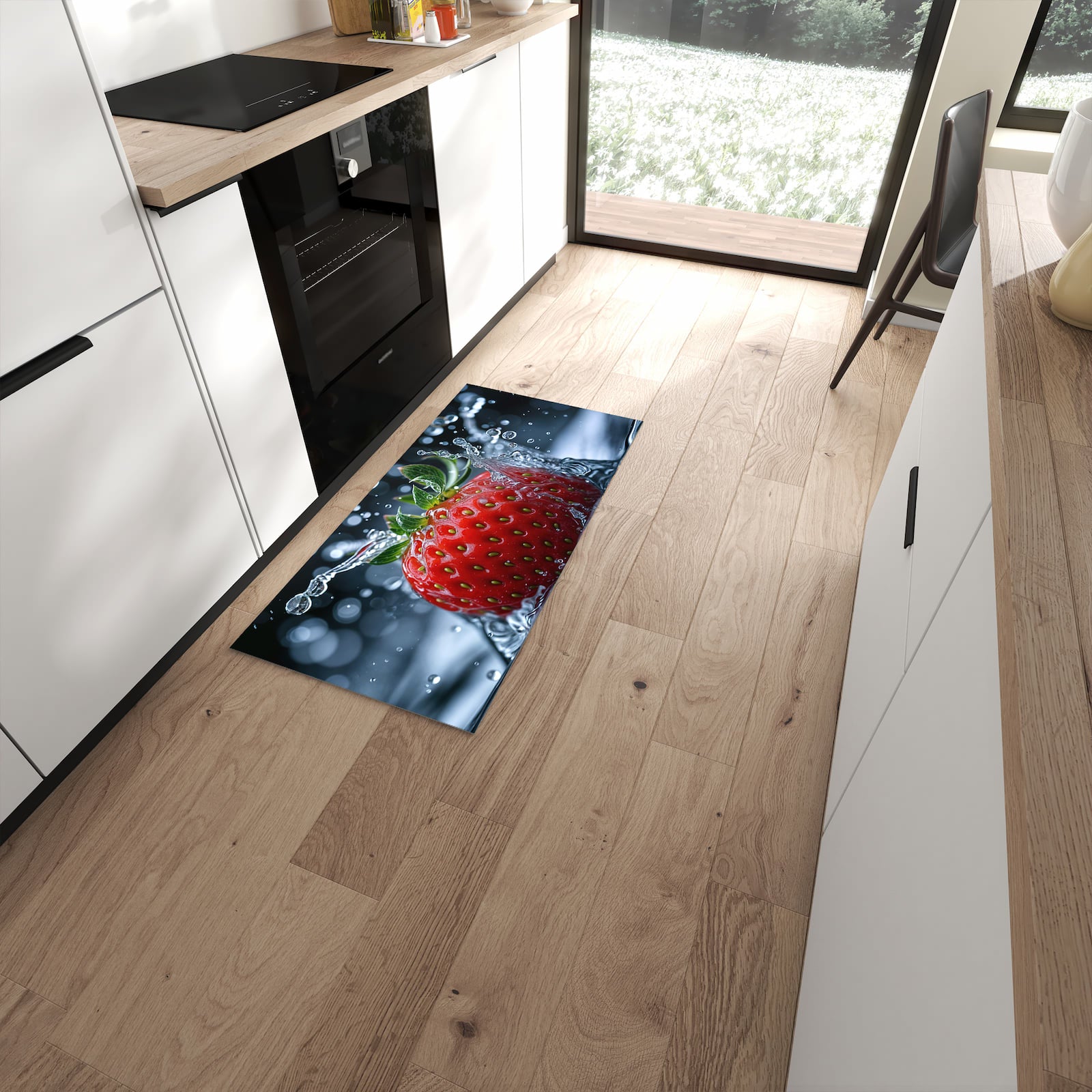 Farbbeständiger Läufer für den Eingangsbereich mit Motiv Splash von Erdbeere in moderner Küche #grösse_60 x 120 cm