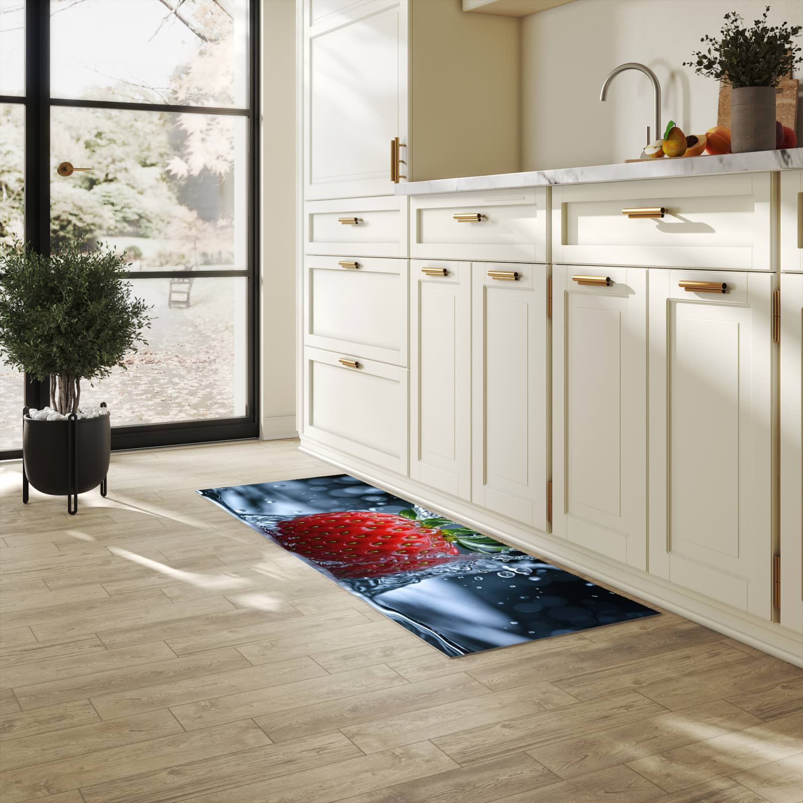 Abriebfester Küchenteppich mit Motiv Splash von Erdbeere in heller Küche