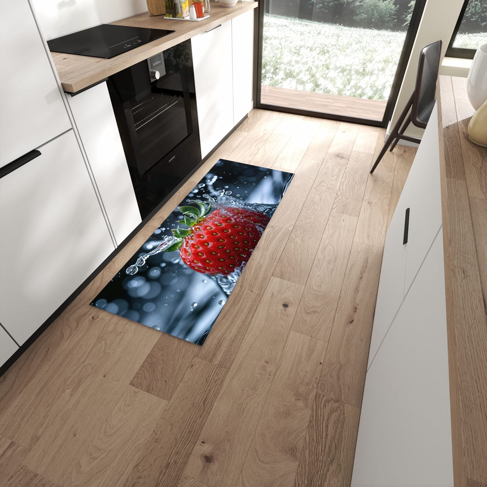 Formstabiler Läufer mit Motiv Splash von Erdbeere in moderner Küche für rutschfesten Stand #grösse_60 x 150 cm