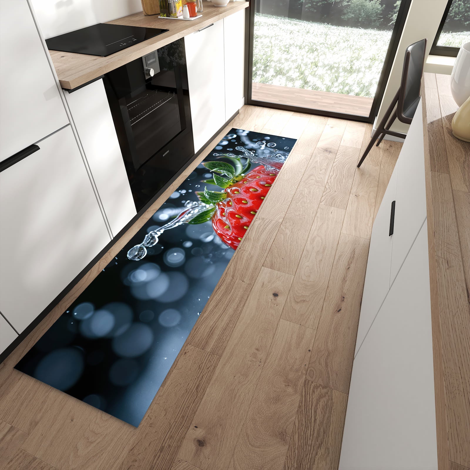 Rutschfester dünner Teppich mit Motiv Splash von Erdbeere spart Zeit in moderner Küche