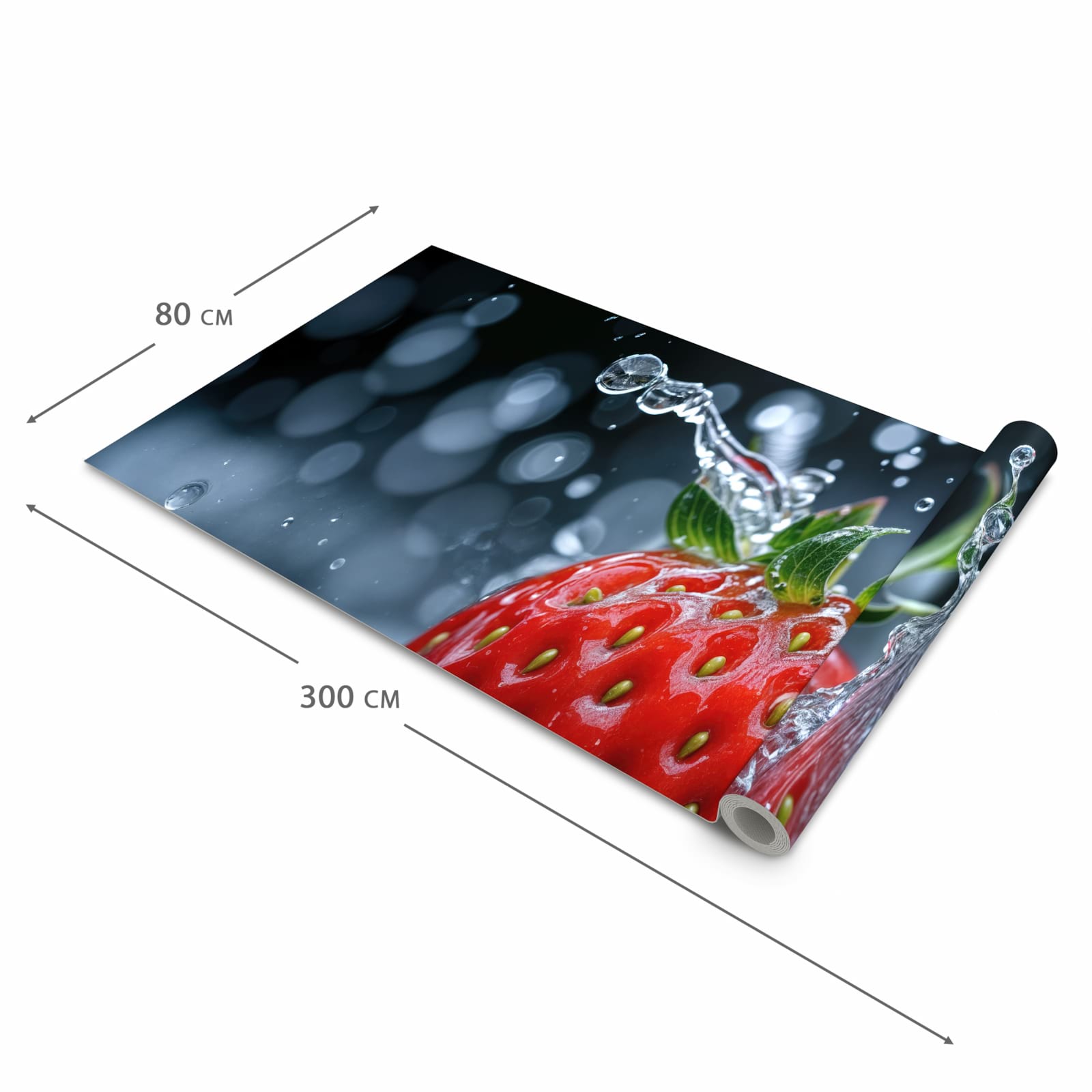 Fleckenresistenter rutschfester Küchenläufer mit Motiv Splash von Erdbeere in der Größe 90x180 cm