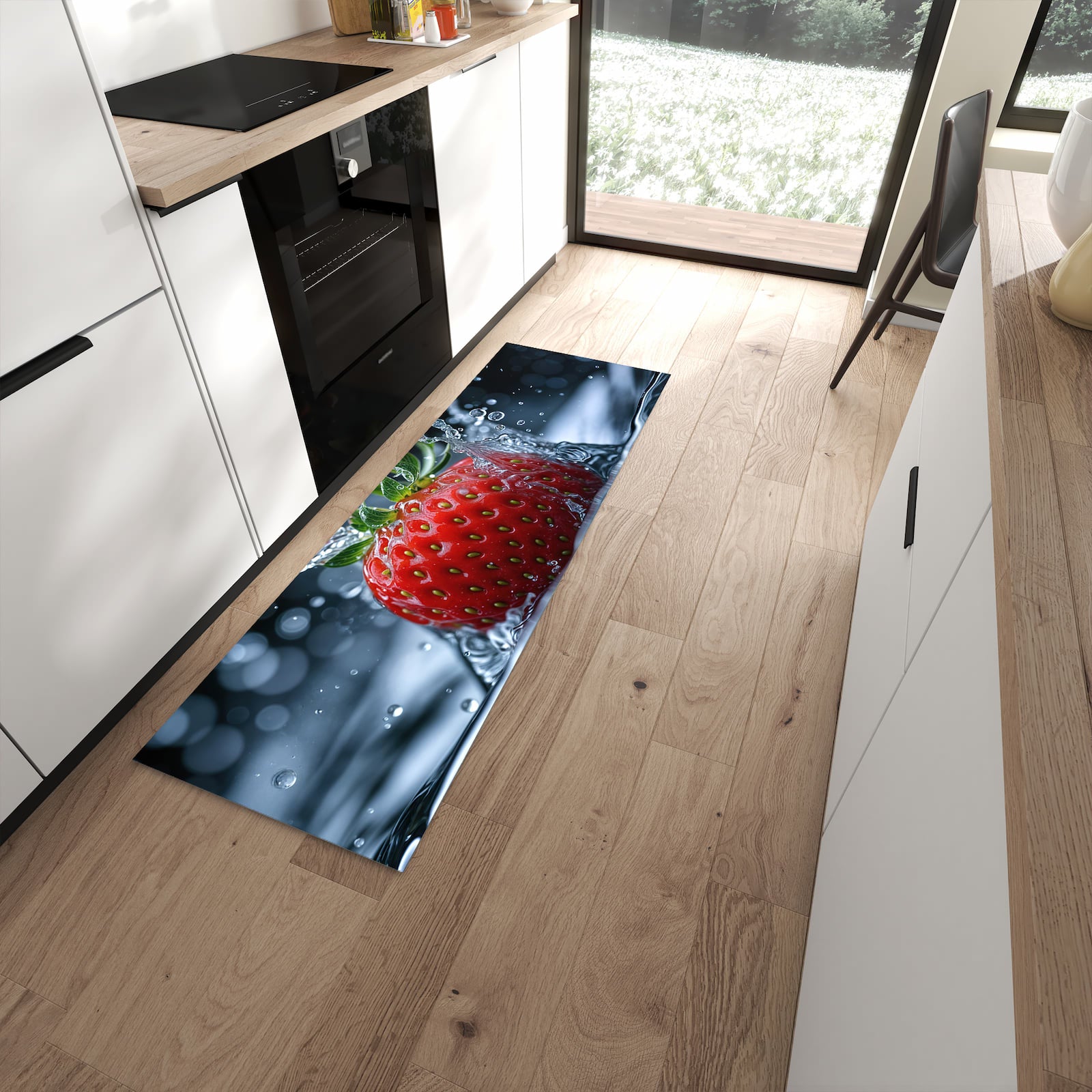 Dünner Küchenteppich mit Motiv Splash von Erdbeere in moderner Küche für sicheres Aufbewahren