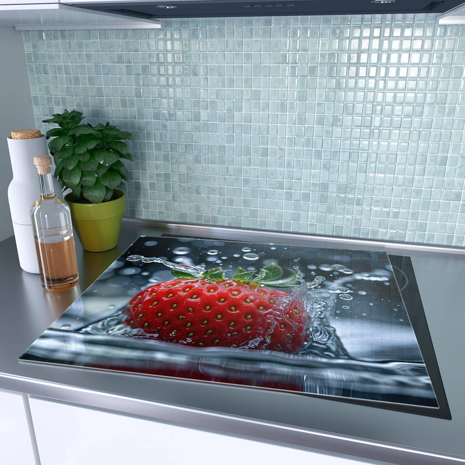 1-teilige Herdabdeckplatte aus Glas mit Erdbeere Wassertaucher-Motiv auf dem Ceranfeld