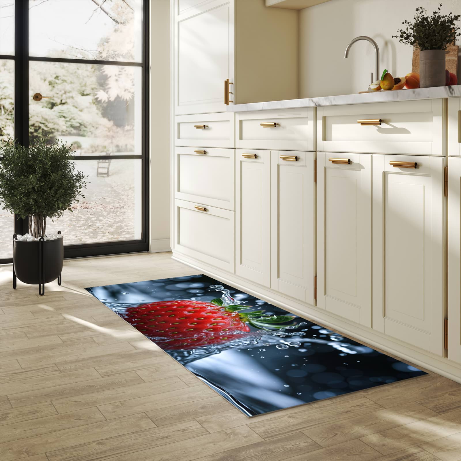 Schmutzabweisender rutschfester Küchenläufer mit Motiv Splash von Erdbeere in heller Küche