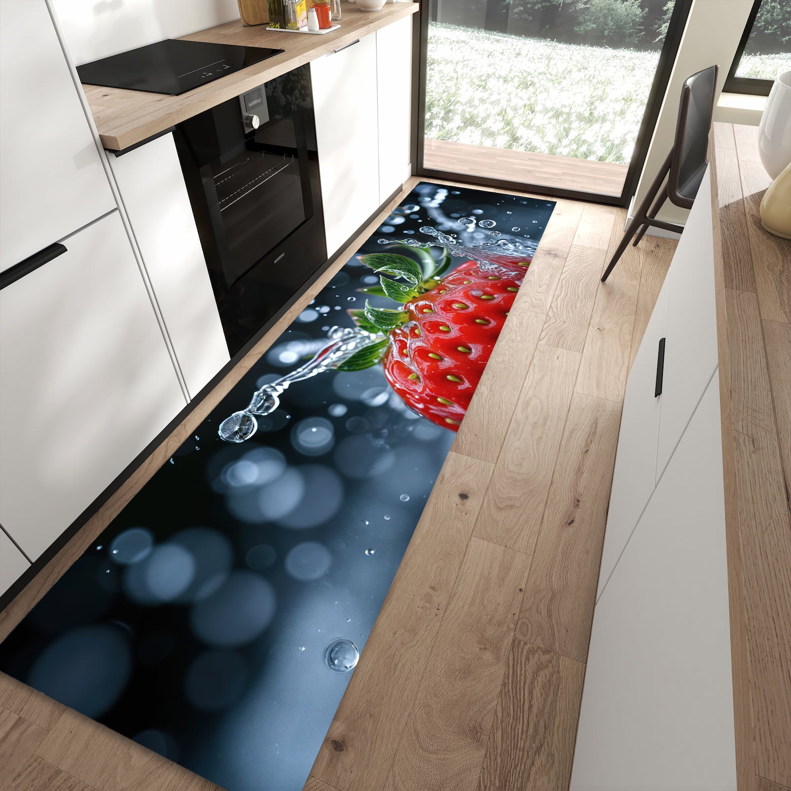 Schmutzabweisender Küchenteppich mit Motiv Splash von Erdbeere in moderner Küche