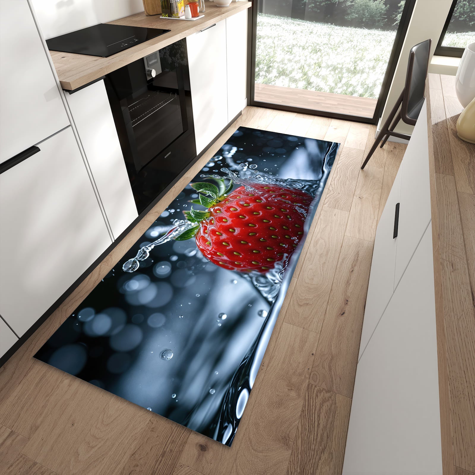 Langlebiger Küchenteppich mit Motiv Splash von Erdbeere in moderner Küche
