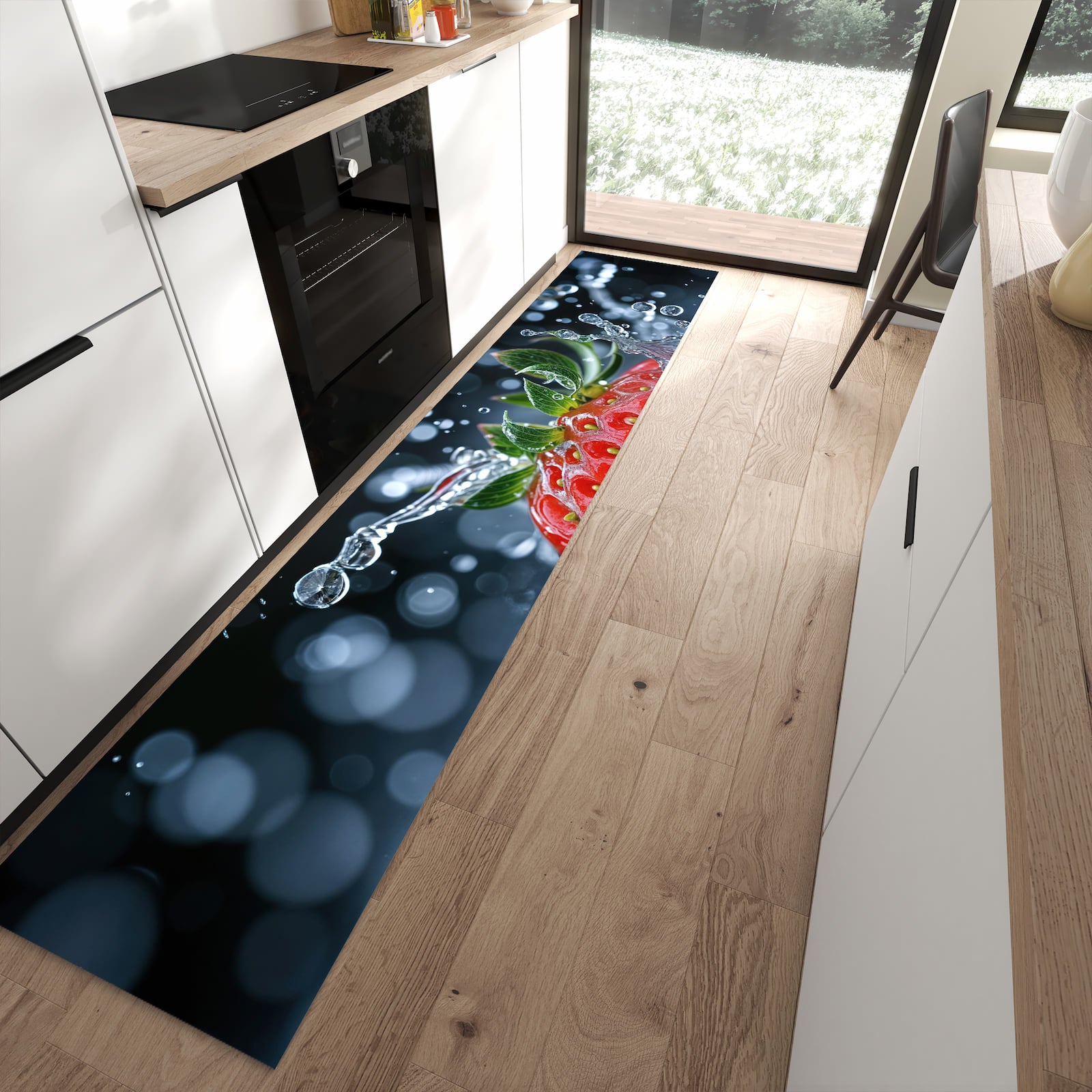 Abriebfester waschbarer Teppich fürs Esszimmer mit Motiv Splash von Erdbeere in moderner Küche