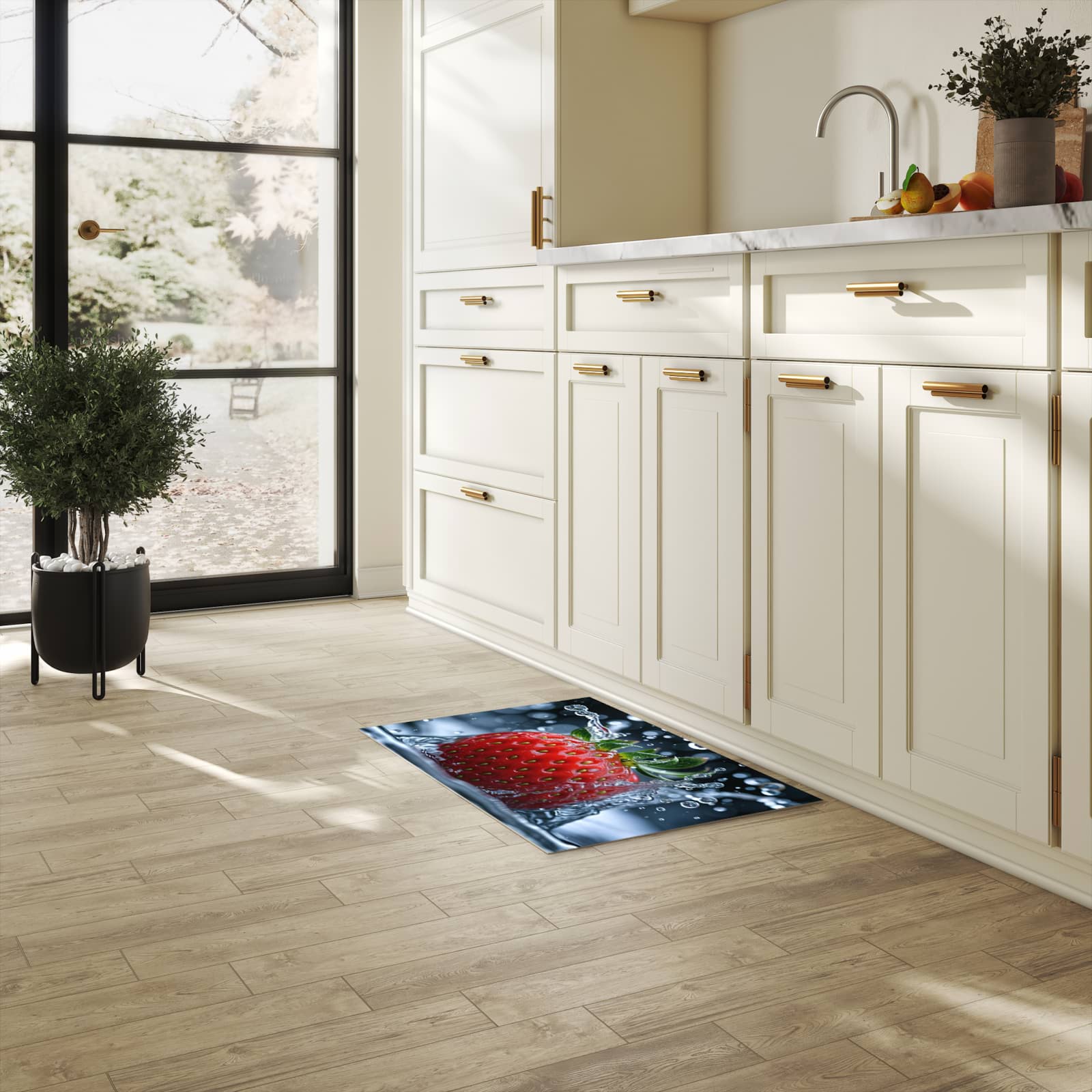 Fleckenresistenter Küchenläufer mit Motiv Splash von Erdbeere in heller Küche