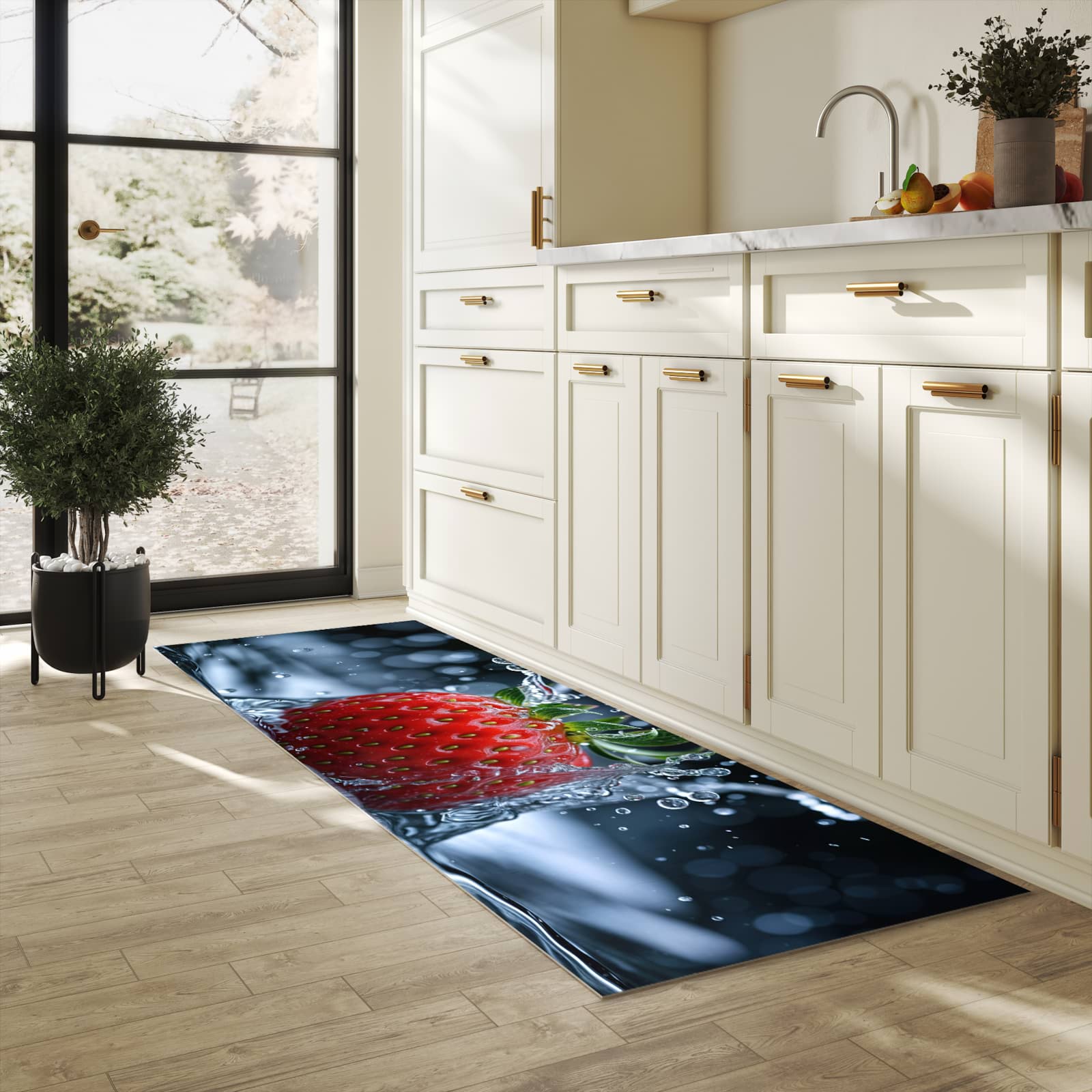 Geruchsneutraler rutschfester Küchenläufer mit Motiv Splash von Erdbeere in heller Küche