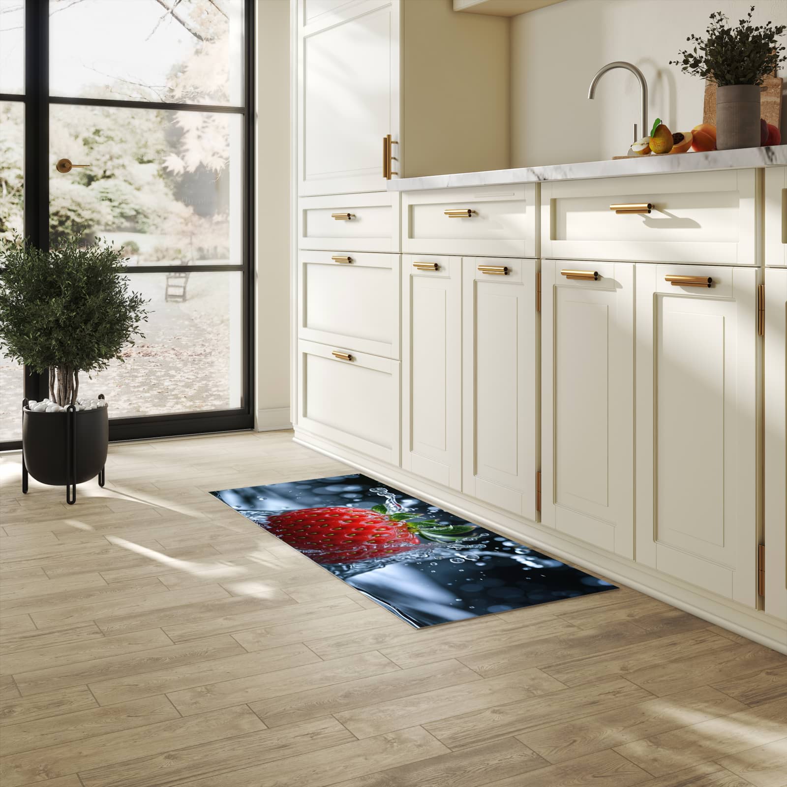 Geräuschdämpfender rutschfester Küchenteppich mit Motiv Splash von Erdbeere in heller Küche