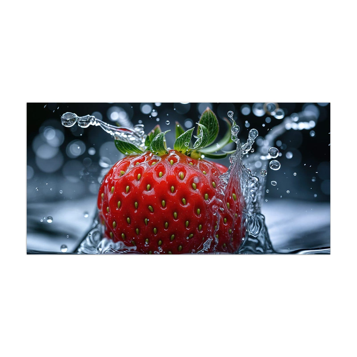 Küchenrückwand aus Glas Erdbeere im Spritzwasser im Hochformat, Motiv bildfüllend von vorn