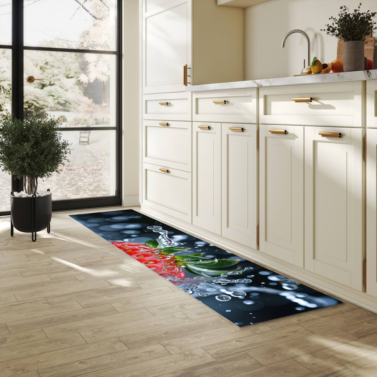 Komfortabler Küchenläufer mit Motiv Splash von Erdbeere in heller Küche