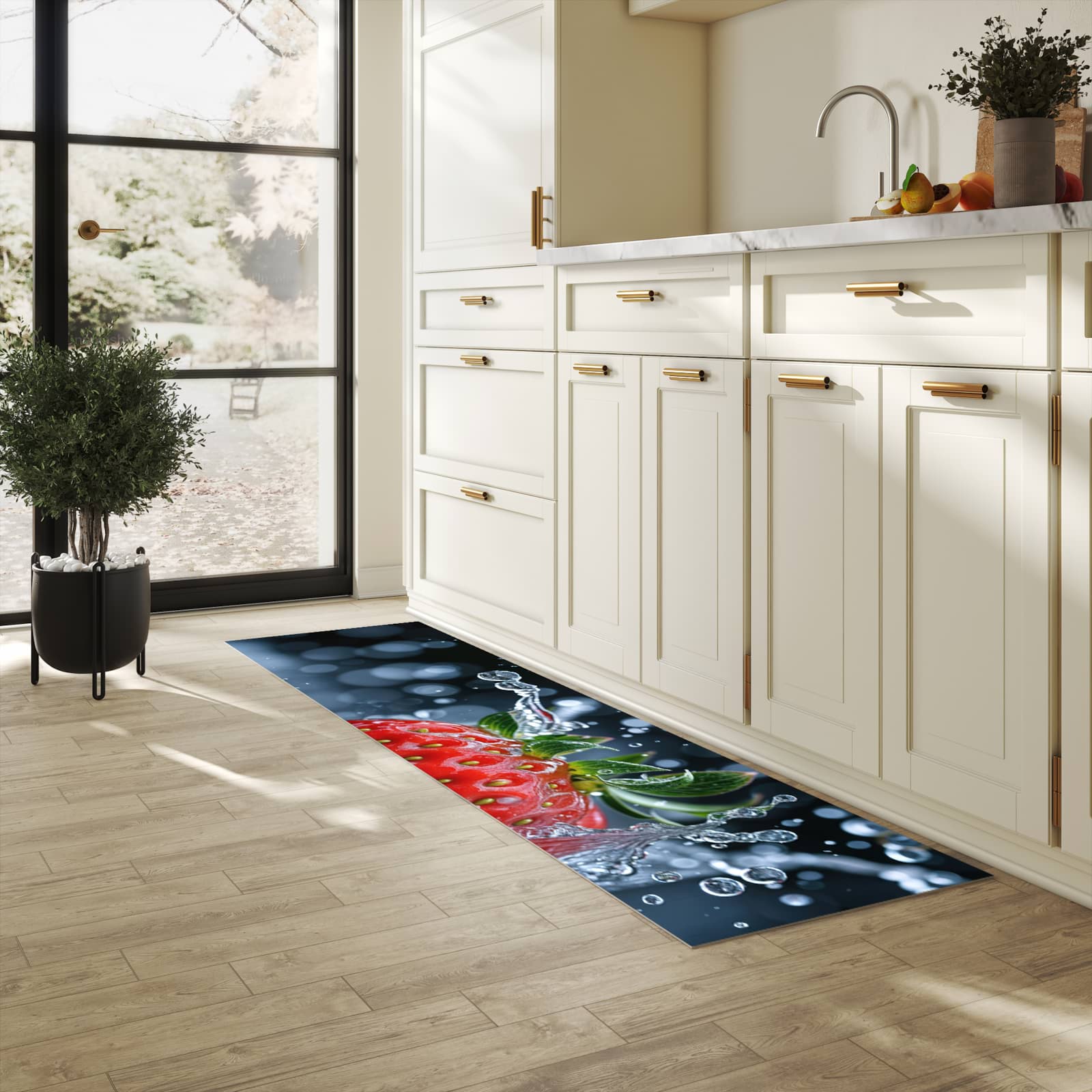 UV-beständiger Küchenläufer mit Motiv Splash von Erdbeere in heller Küche