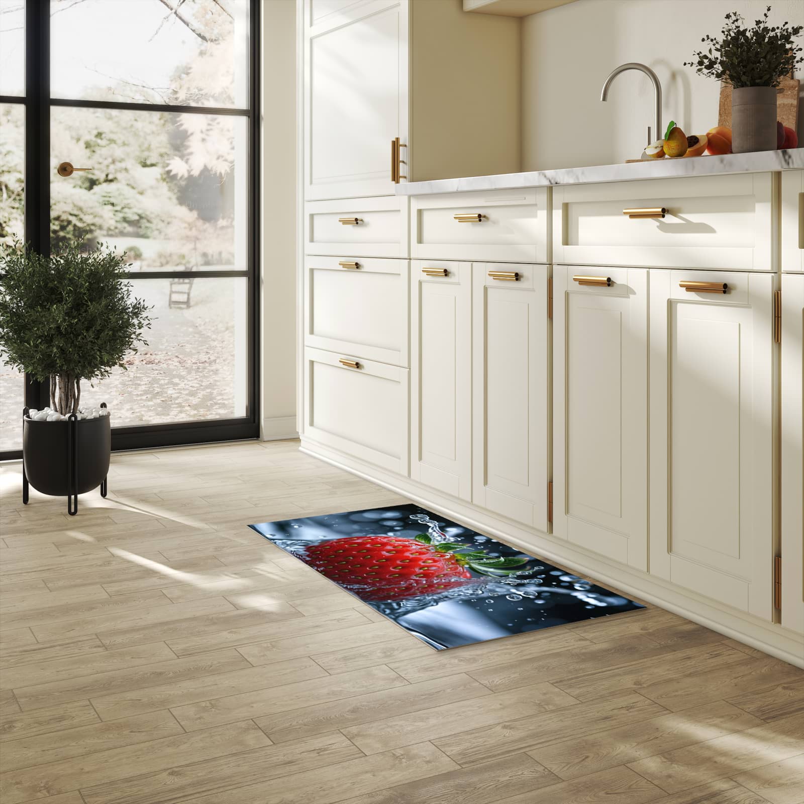 Zeitsparender großer Küchenteppich mit Motiv Splash von Erdbeere in heller Küche
