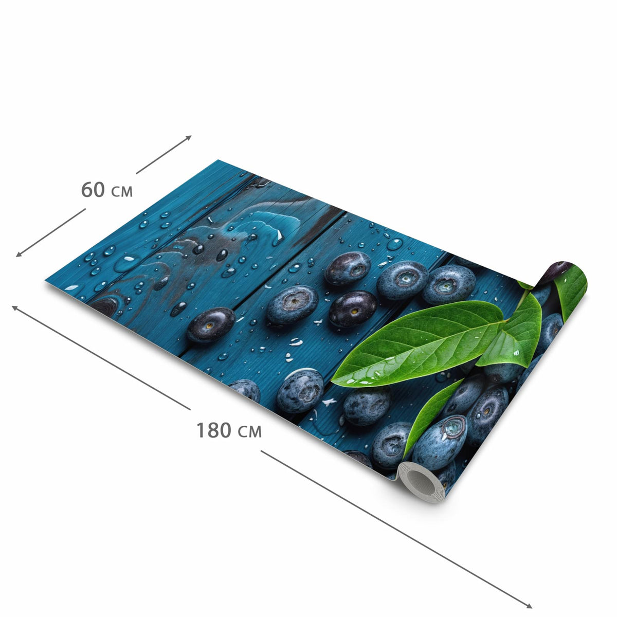 Rutschfester dünner Küchenteppich mit Motiv Blaubeeren auf Holz in der Größe 80x300 cm