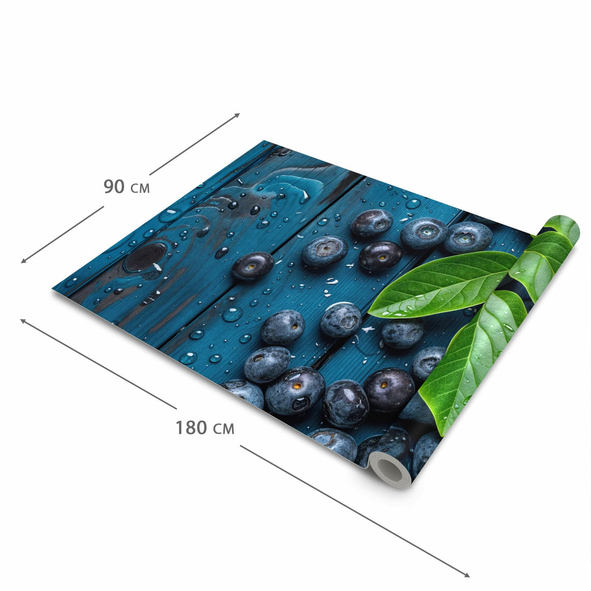 Bodenschonender rutschfester Küchenteppich mit Motiv Blaubeeren auf Holz in der Grösse 80x300 cm