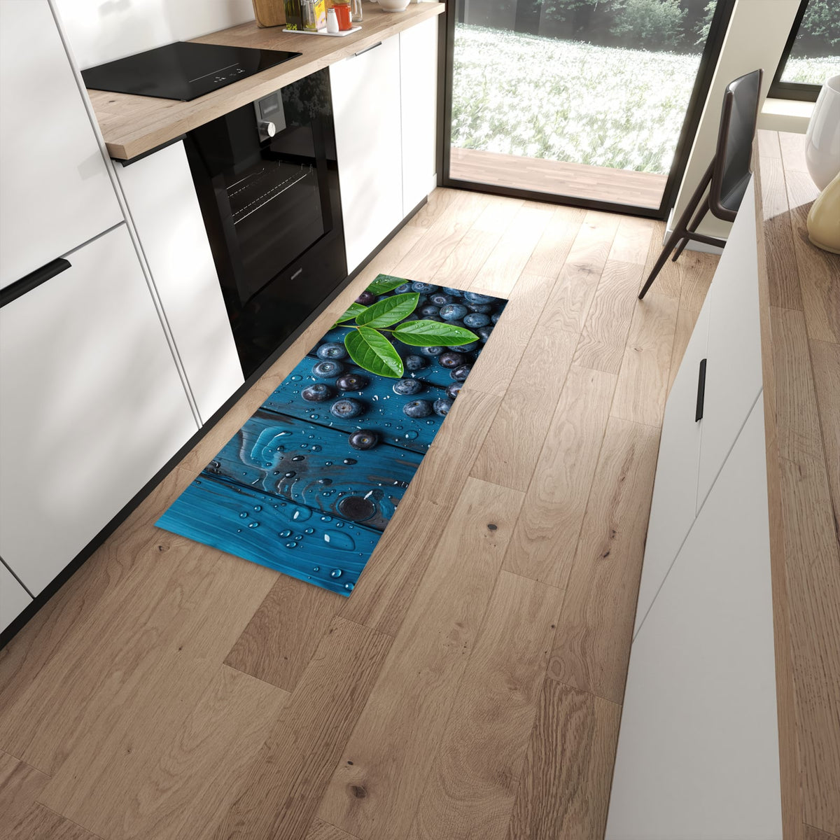 Rutschfester Küchenläufer mit Motiv Blaubeeren auf Holz in moderner Küche #grösse_60 x 150 cm
