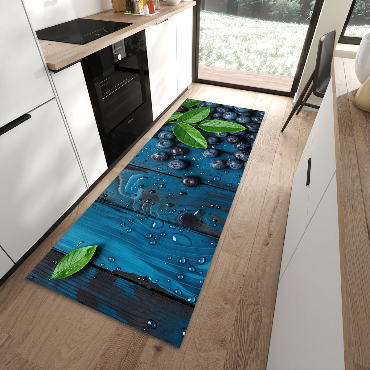 Bodenschonender langer Teppich mit Motiv Blaubeeren auf Holz in moderner Küche