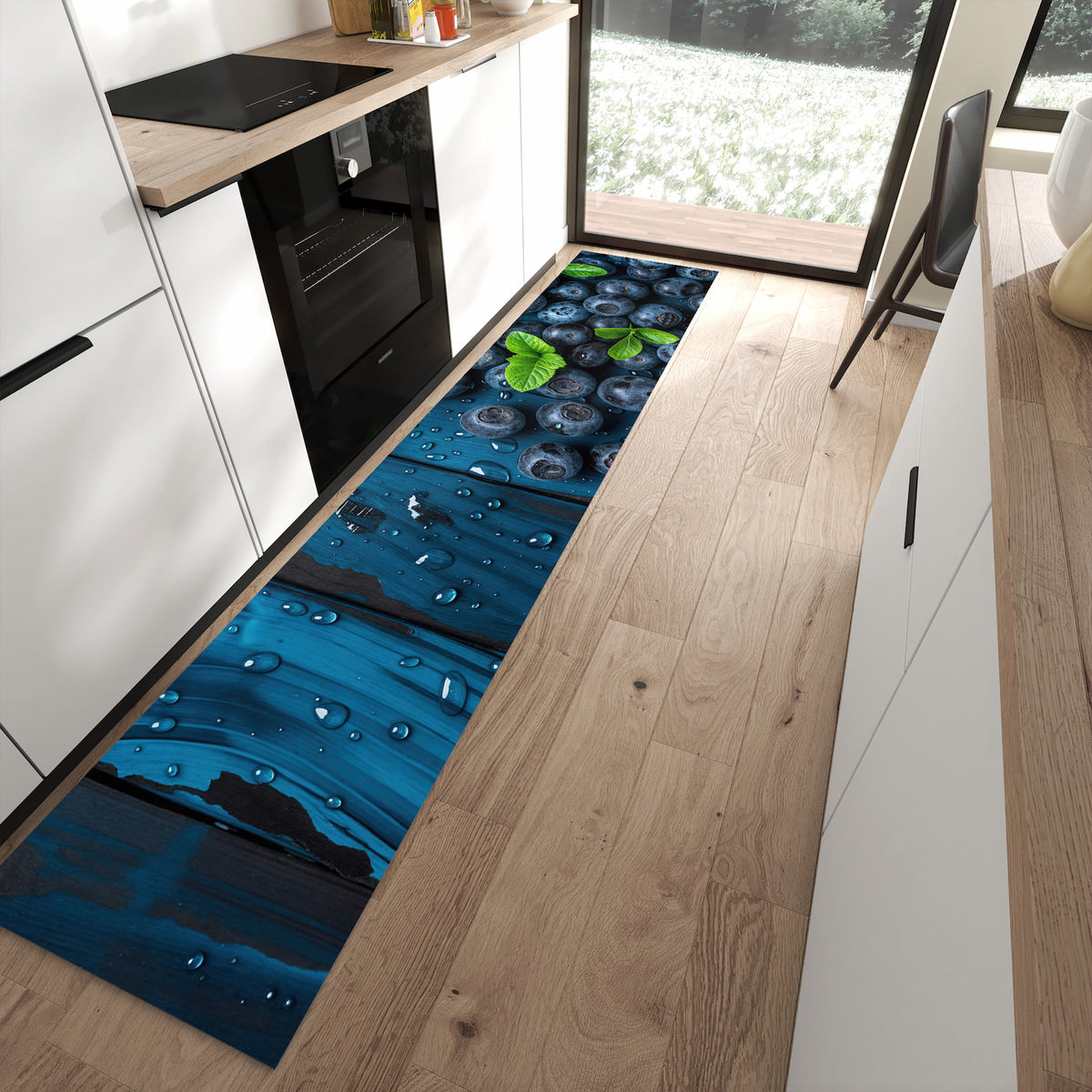 Strapazierfähiger Küchenvorleger mit Motiv Blaubeeren auf Holz in moderner Küche