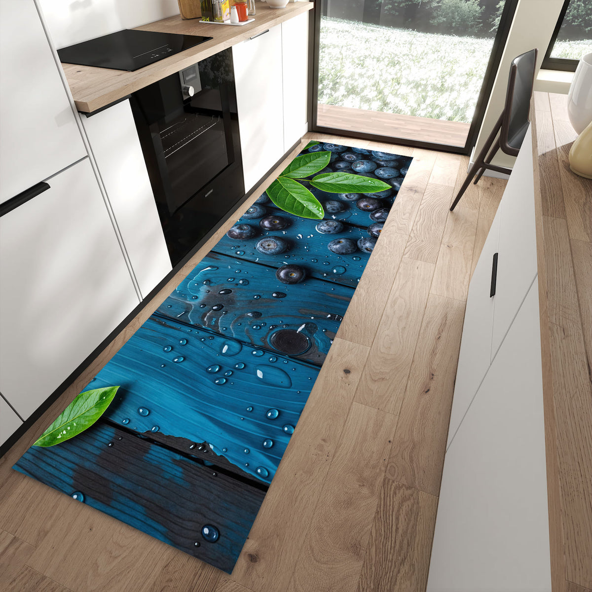 Feuchtigkeitsresistenter Teppichläufer mit Motiv Blaubeeren auf Holz in moderner Küche