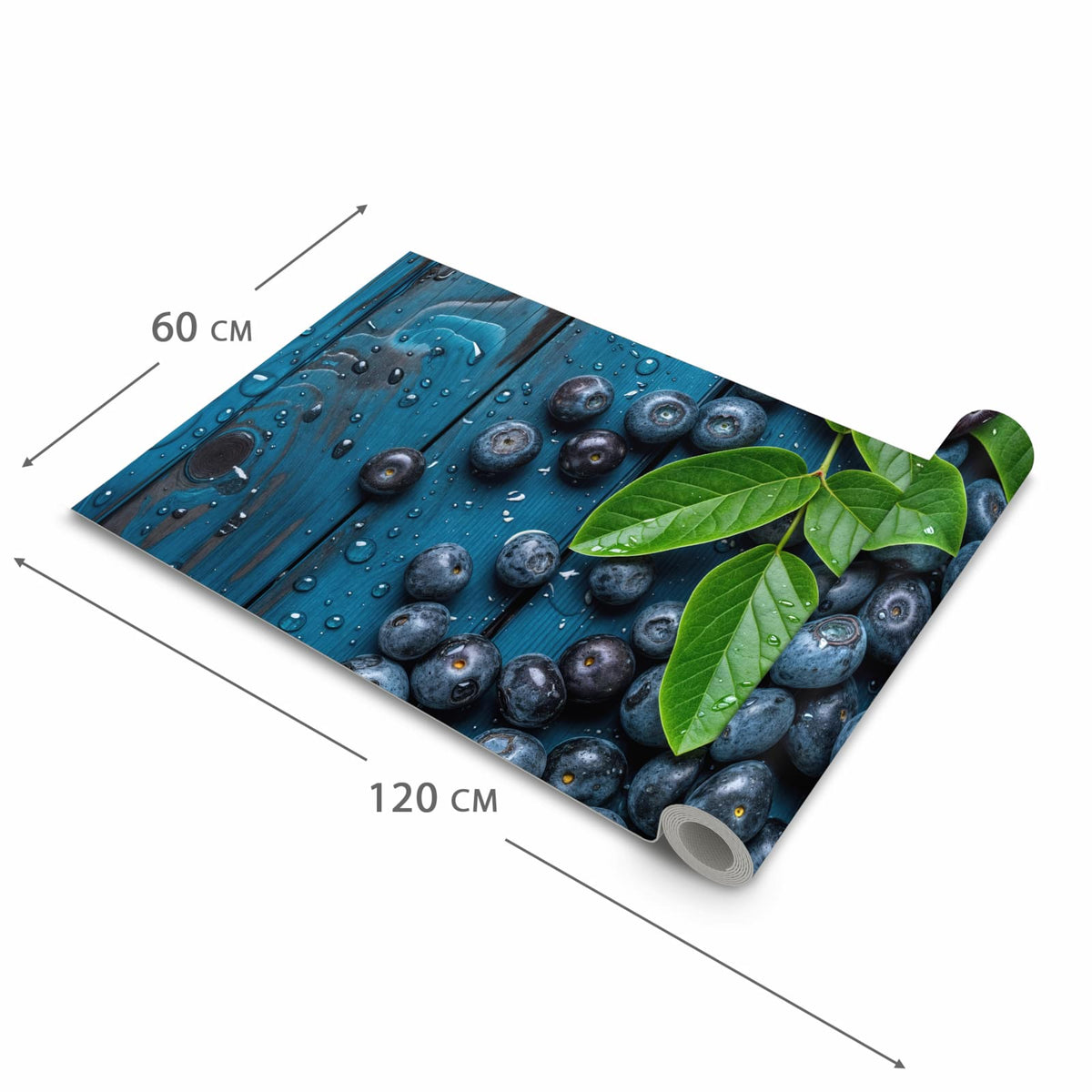 Pflegeleichter dünner Küchenteppich mit Motiv Blaubeeren auf Holz in der Grösse 80x300 cm