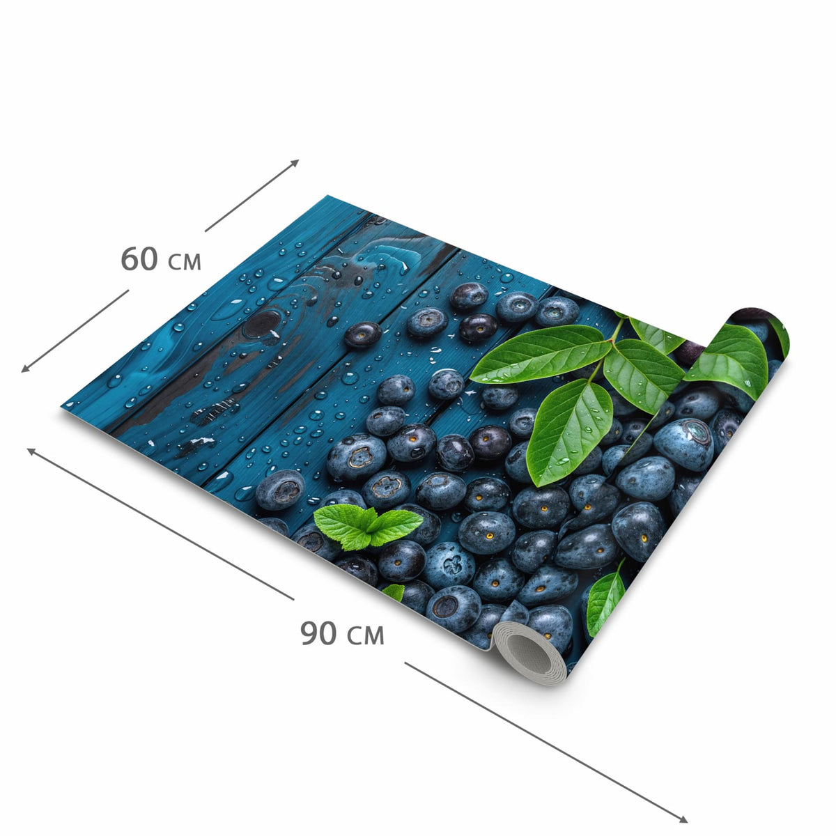 Strapazierfähiger Bodenläufer mit Motiv Blaubeeren auf Holz in der Grösse 80x300 cm