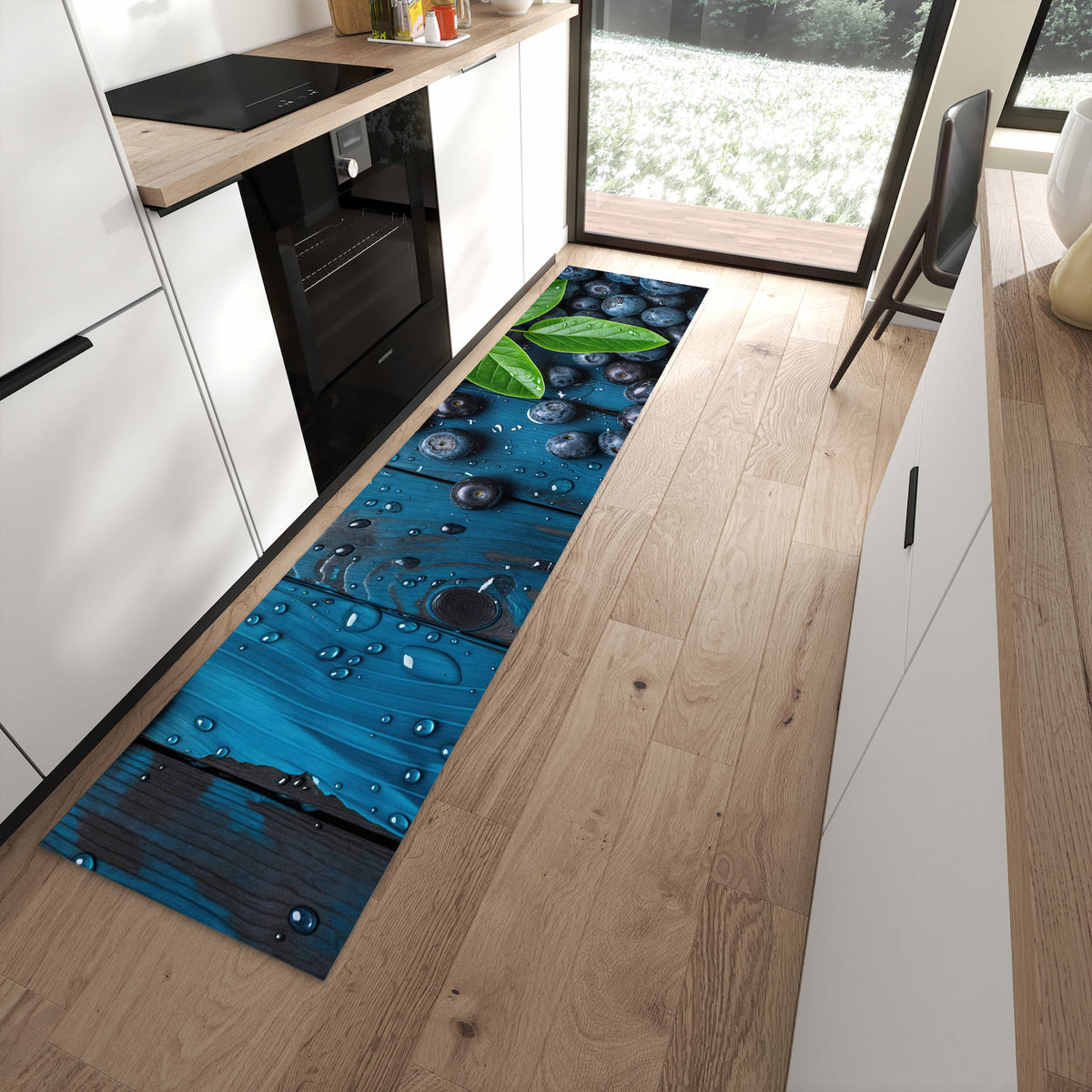 Hygienischer Küchenteppich mit Motiv Blaubeeren auf Holz in moderner Küche