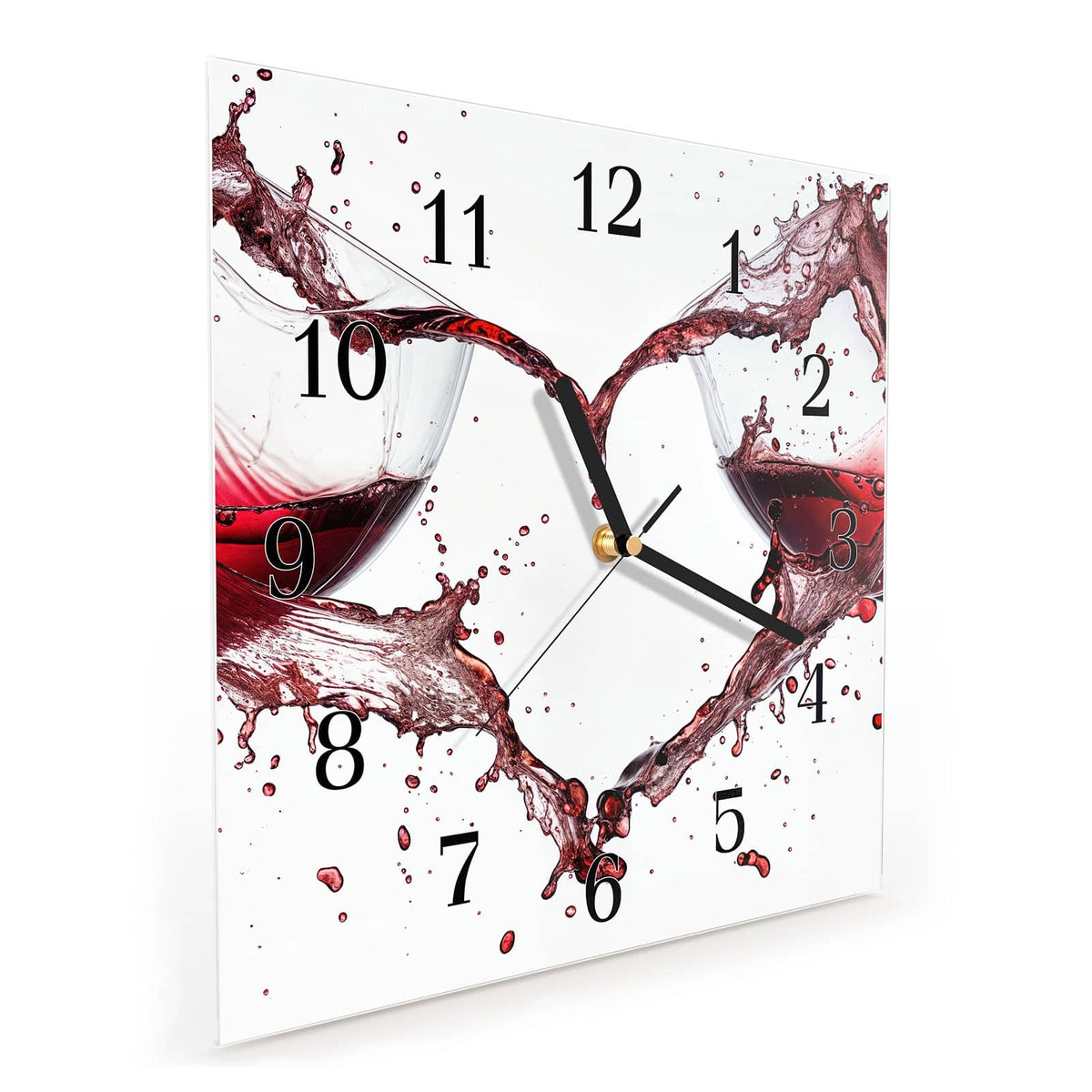Quadratische Wanduhr aus Glas Rotwein in Herzform schräg von der Seite, 4 mm starkes Glas