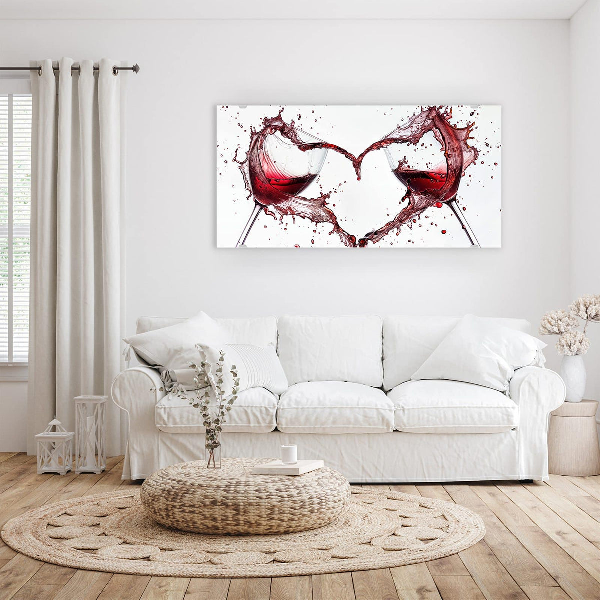 Wandbild - Rotwein in Herzform - Querformat – Rotwein spritzt in Herzform