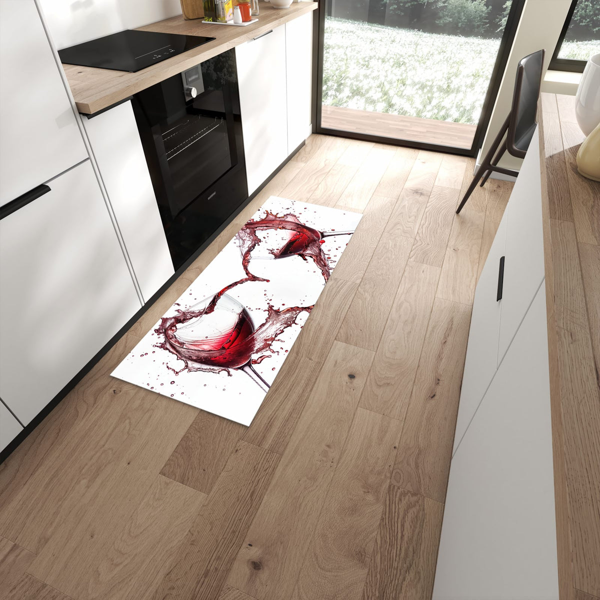Zeitsparender Küchenläufer nach Maß mit Motiv Weingläser Herz in moderner Küche #grösse_60 x 150 cm