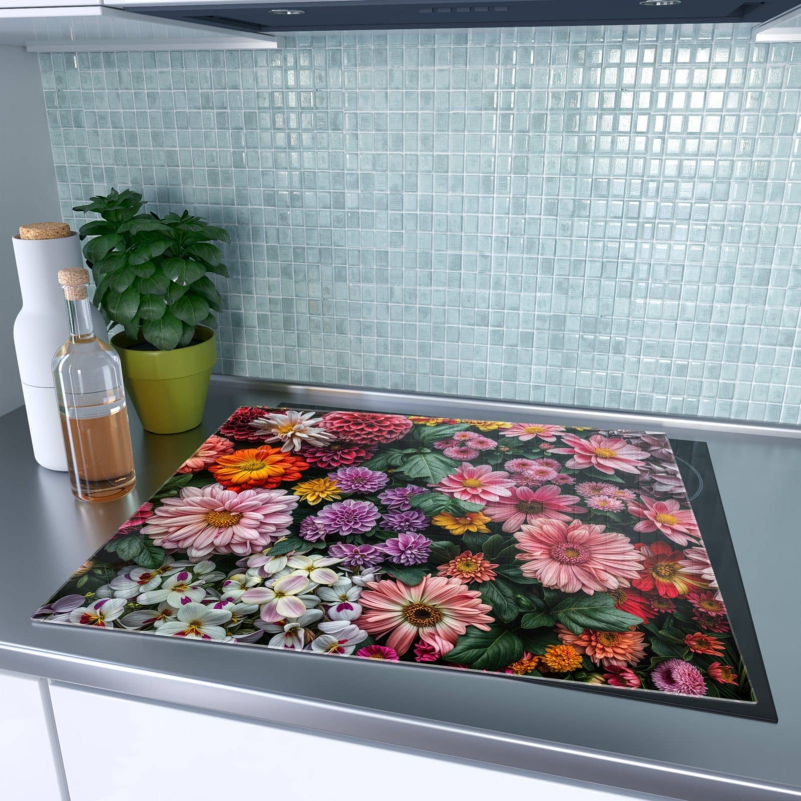 1-teilige Abdeckplatten für Ceranfeld mit Blumenkomposition-Motiv auf dem Ceranfeld