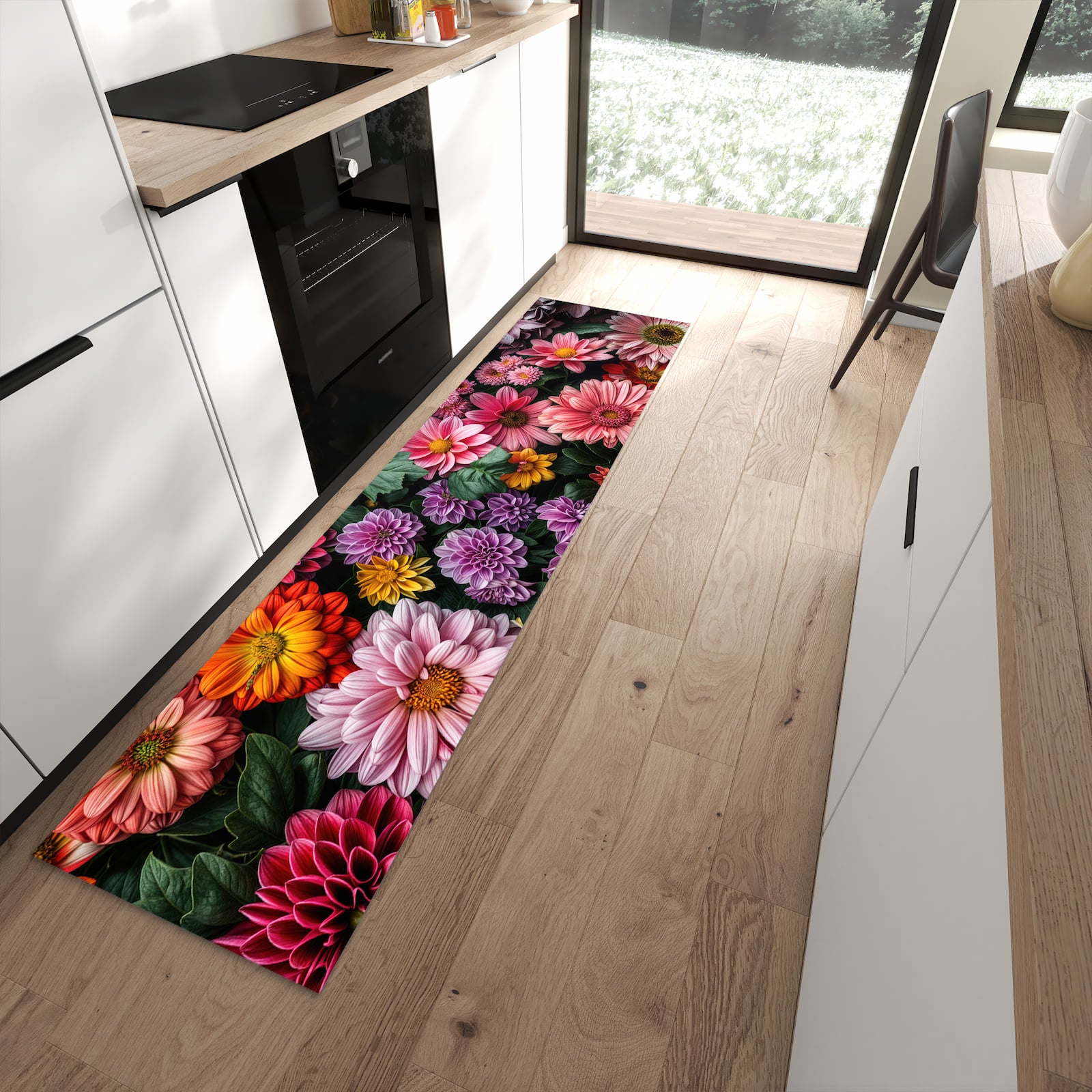 Strapazierfähiger rutschfester Küchenteppich mit Motiv Blumenkomposition in moderner Küche