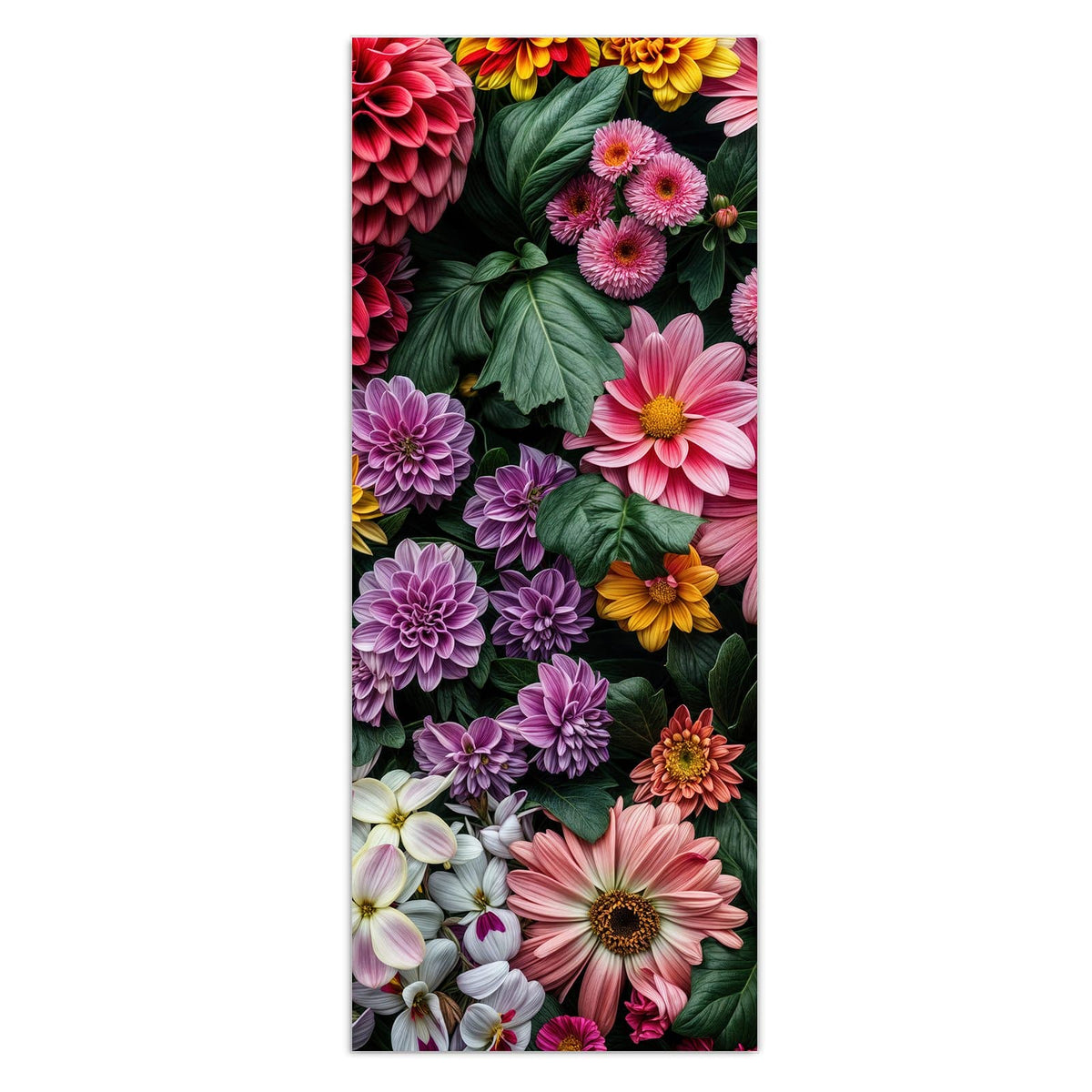 Wandbild - Bunter Blütenteppich - Hochformat – Dahlien und Gerbera dicht an dicht