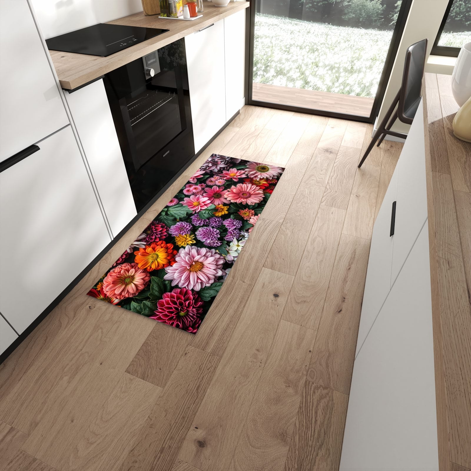 Küchenteppich mit Motiv Blumenkomposition für angenehmes Stehen in moderner Küche #grösse_60 x 150 cm