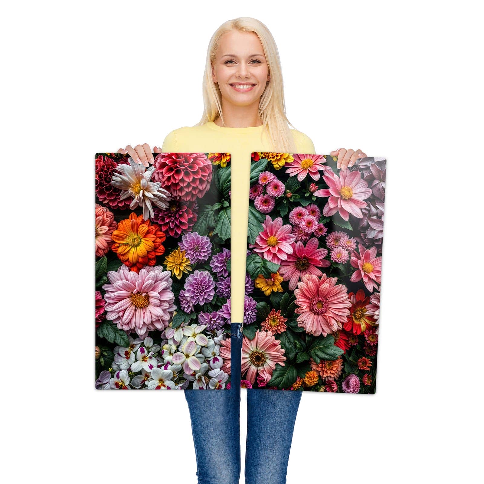 2-teilige Glasabdeckplatte für Ceranfeld mit Blumenkomposition-Motiv wird zur Größendarstellung gehalten