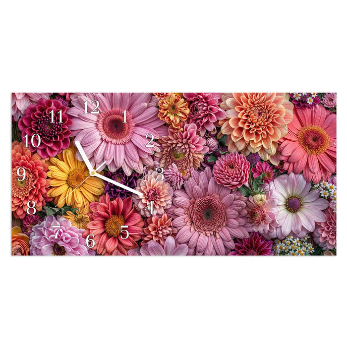Wanduhr Bunte Blumenpracht aus Glas – Querformat 60 × 30 cm mit Ziffernblatt Klassisch