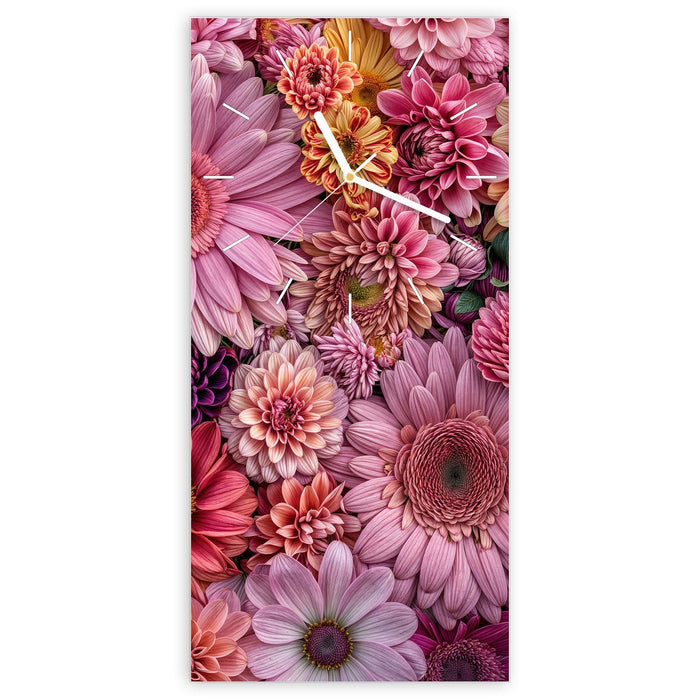 Wanduhr Bunte Blumenpracht aus Glas – Hochformat 30 × 60 cm mit Ziffernblatt Linie
