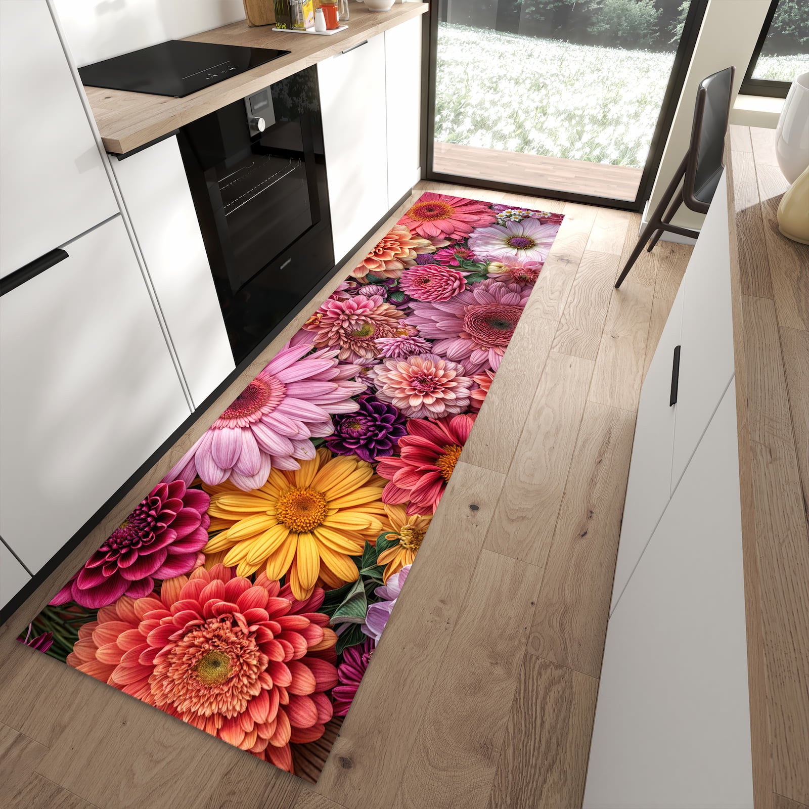 Flacher Küchenteppich mit Motiv Bunte Blumenpracht in moderner Küche - waschbar
