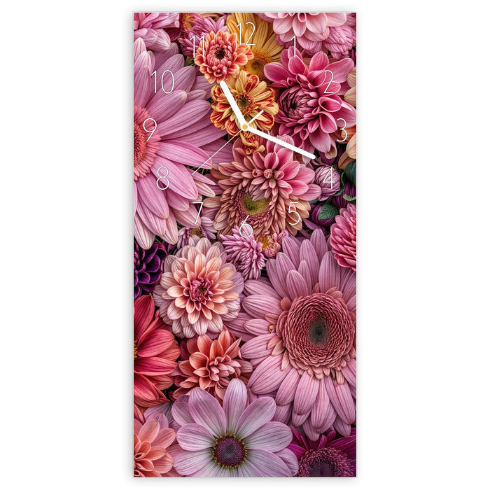Wanduhr Bunte Blumenpracht aus Glas – Hochformat 30 × 60 cm mit Ziffernblatt Elegant