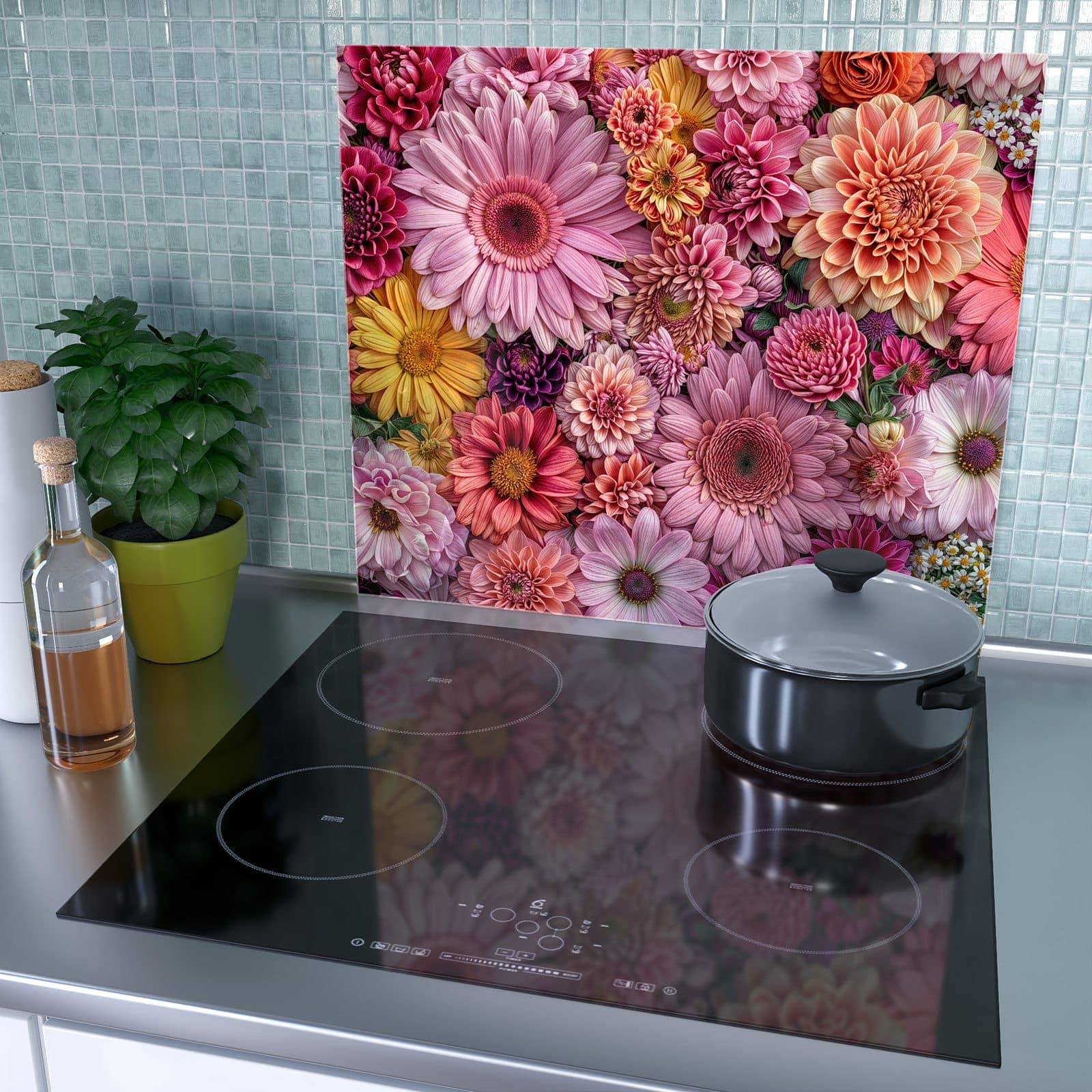 1-teilige Herdabdeckung aus Holz mit Bunte Blumenpracht-Motiv als Spritzschutz hinter dem Kochfeld