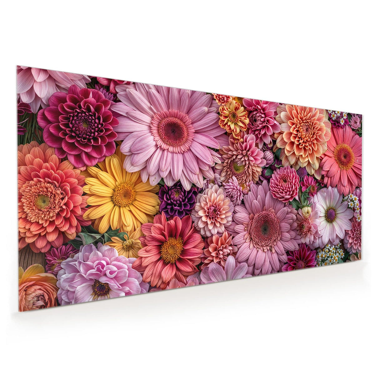 Küchenrückwand aus Glas im Hochformat mit Motiv Rosa Blütenteppich: Dicht gepackte Dahlien, Gerbera und Chrysanthemen in Rosa, Koralle und Gelb